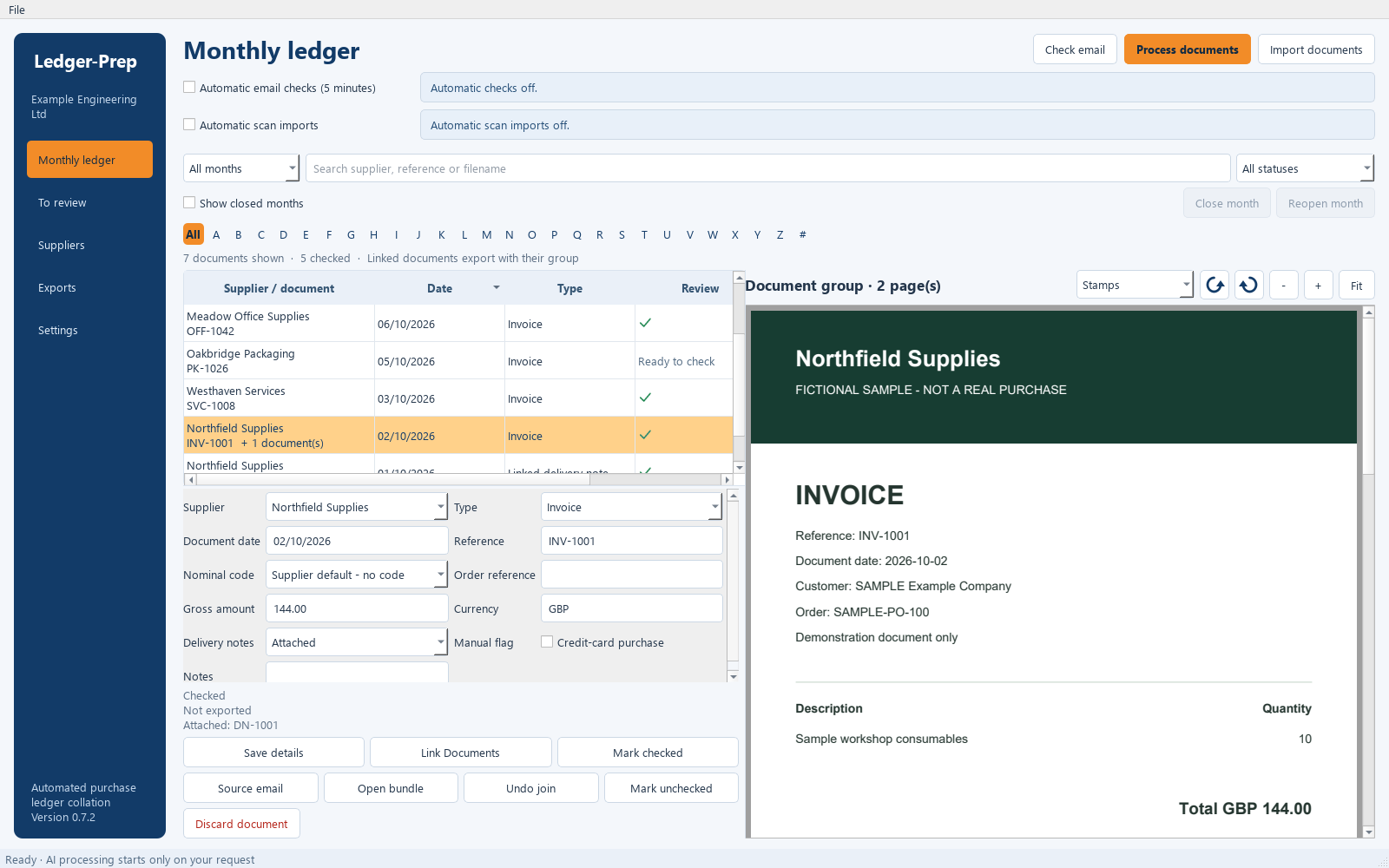 Ledger-Prep monthly ledger with a checked invoice and linked delivery note