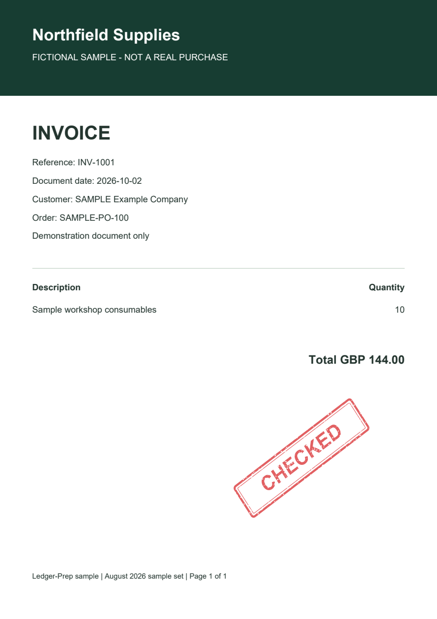 Fictional invoice with a red CHECKED stamp included in the exported PDF